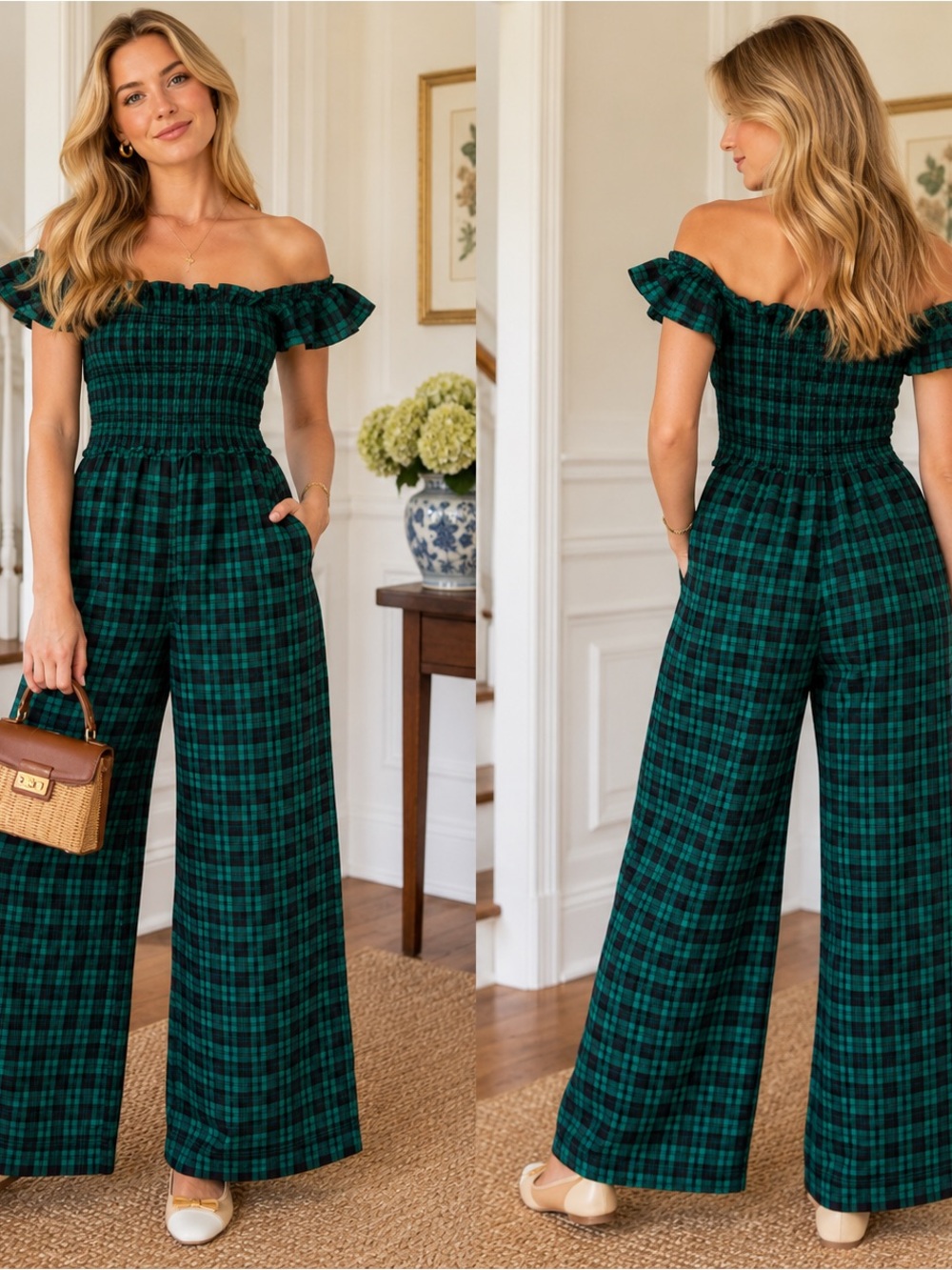 Draper James Green Plaid Smocked Off-Shoulder  Wide-Leg Jumpsuit Size Large